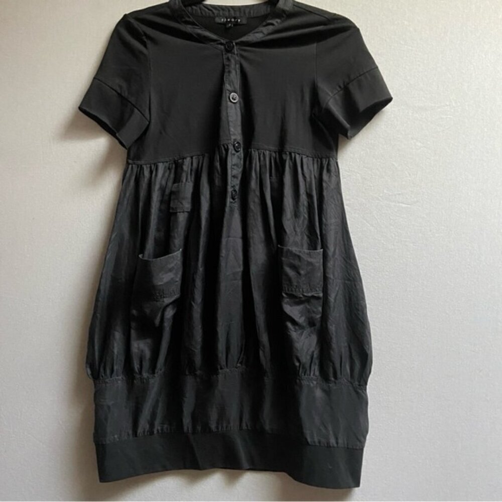 Theory Black Silk Rayon Half Button Pleated Tunic Mini Dress Size 2